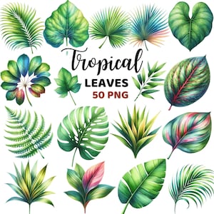 Tropical Leaves Clipart, Watercolor Vibrant Greenery Spring, Leaf Clipart, Nature, Jungle Leaves, Summer Botanical, Green Leaves Bundle Png