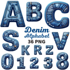 Alfabeto de mezclilla, números, letras de mezclilla en formato PNG, sublimación del alfabeto de jeans de mezclilla, paquete de imágenes prediseñadas de letras de jeans