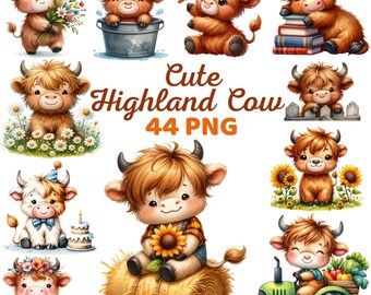 May include: Cute Highland Cow illustrations in various poses, including a cow taking a bath, a cow reading a book, a cow wearing a farmer's outfit, and a cow sitting on a bale of hay. The text "Cute Highland Cow 44 PNG" is displayed in the center of the image.