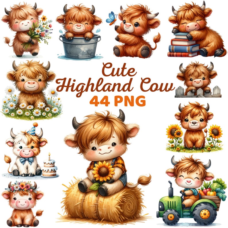 Watercolor Cute Highland Cow Clipart, Farm Spring Summer Nursery ...