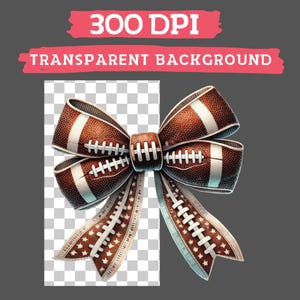 May include: A brown and white football-themed bow with white stars and stitching. The bow is tied with a ribbon and has a white background.