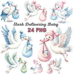 Watercolor Cute Stork Delivering Baby Clipart, Stork Baby Girl Boy, Baby Shower Art Png, Newborn Baby Girl Arrival Bird Nursery Bundle