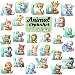 Acuarela lindo animal alfabeto clipart, estudiante maestro vivero sublimación, animales letras escuela aula paquete, alfabeto ABC Png