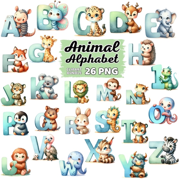 Watercolor Cute Animal Alphabet Clipart, Student Teacher Nursery Sublimation, Animals Letters School Classroom Bundle, ABC Alphabet Png