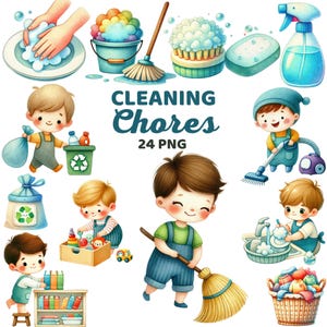 Kids Cleaning Chores Clipart, Watercolor Cute Housework Charts, Routine Schedules, House Clean, Household Tasks Homeschool Nursery Decor Png