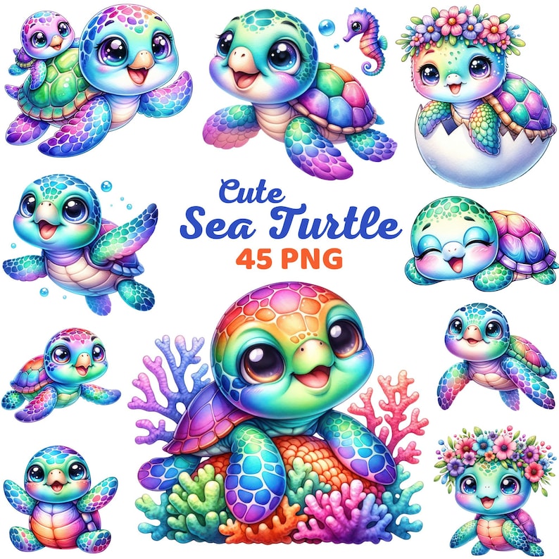 May include: A set of 10 colorful cartoon sea turtles in various poses. The turtles are all different colors, with some having flowers on their heads or shells. The text "Cute Sea Turtle 45 PNG" is written in a colorful font at the bottom of the image.