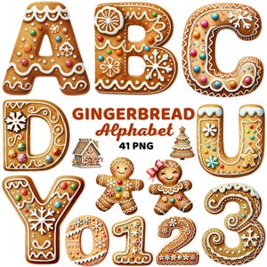 Clipart de alfabeto de gengibre, letras e números de Natal, Natal festivo de Natal, fonte de cozimento de feriado, letras de biscoito de Natal PNG
