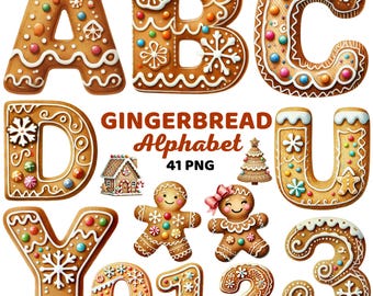 Gingerbread Alphabet Clipart, Christmas Letters & Numbers, Holiday Festive Xmas, Holiday Baking Font, Christmas Cookie Letters Png