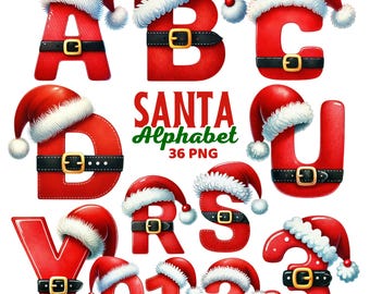 May include: A festive Santa-themed alphabet and numbers set. Each letter and number is red, adorned with a Santa hat and a black belt with a gold buckle. The image includes the text "SANTA Alphabet 36 PNG".