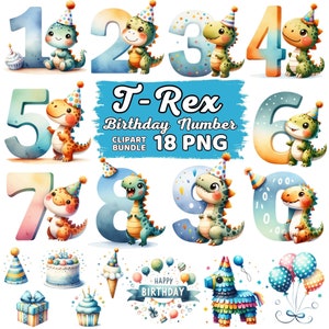 水彩画のかわいい恐竜の誕生日の数字のクリップアート、恐竜の保育園のPNG、T-rexの誕生日パーティー、赤ちゃんの恐竜のクリップアート、男の子の誕生日のPNGバンドル