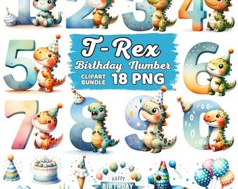 May include: A set of ten watercolor-style dinosaur birthday numbers with a T-Rex wearing a party hat. The numbers are colorful and have a whimsical feel. The set also includes a birthday cake, ice cream cone, a piñata, and balloons.