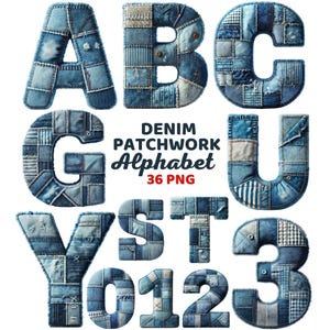 Może przedstawiać: Zestaw liter i cyfr alfabetu z patchworku dżinsowego. Litery i cyfry wykonane są z różnych odcieni niebieskich łatek dżinsowych. Obraz zawiera tekst "DENIM PATCHWORK ALPHABET 36 PNG".