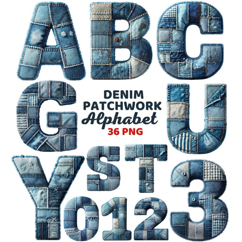 Denim Patchwork Alphabet Clipart, Rustic Jean Letters & Numbers ABC ...