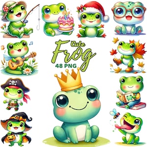 Imágenes prediseñadas de rana linda, vivero de ranas verdes de acuarela, cumpleaños de otoño de verano, rana caprichosa Santa Halloween, paquete de baby shower para niños Png