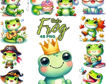 Cute Frog Clipart, Watercolor Green Frogs Nursery, Summer Fall Birthday, Whimsical Frog Santa Halloween, Kids Baby Shower Bundle Png