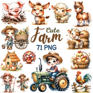 Aquarel schattige boerderij clipart, boerderijdieren kinderkamer sublimatie, boerderij baby dier paard koe schapen schuur jongen meisje verjaardag babyshower png