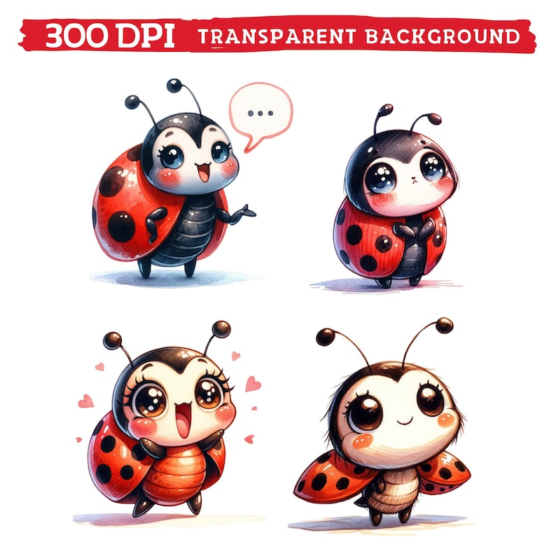 Watercolor Cute Ladybug Clipart, Spring Summer Bug Nursery Sublimation, Kawaii Ladybugs Lover Birthday Baby Shower Bundle Png image 3