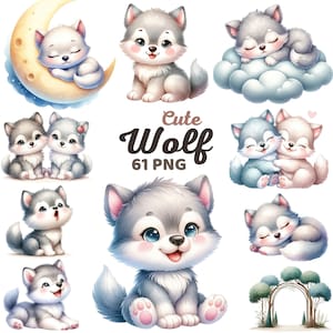 Niedlicher Wolf Clipart, Aquarell Wolf Schlafen auf Mond Wolke Kinderzimmer, Wolf Welpe Liebhaber Waldtier Kinder Geburtstag Baby Shower Bundle Png