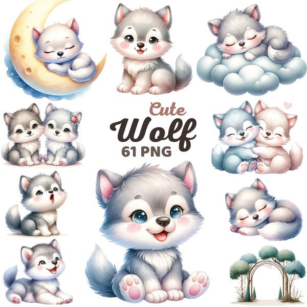 Cute Wolf Clipart, Watercolor Wolf Sleep on Moon Cloud Nursery, Wolf Puppy Lover Woodland Animal Kids Birthday Baby Shower Bundle Png