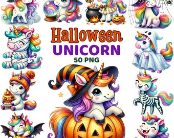 Könnte beinhalten: Ein Set mit 50 Halloween-Einhorn-Clipart-Bildern. Die Einhörner sind in verschiedenen Halloween-Kostümen gekleidet, darunter Hexen, Geister und Skelette. Die Bilder sind perfekt für den Einsatz in digitalem Scrapbooking, Kartenherstellung und anderen Bastelprojekten.