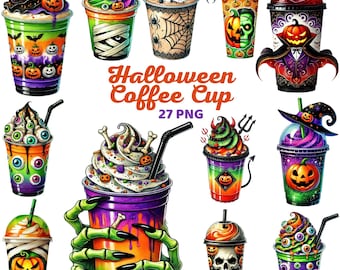 Halloween Coffee Cup Clipart, Watercolor Spooky Fall, Pumpkin Coffee Latte, Witch, Creepy Halloween Drink, Halloween Party Decor Png