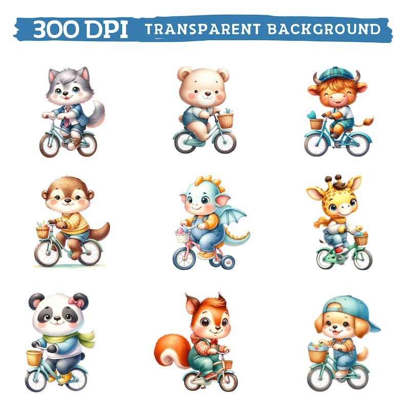 Animals Riding Bicycle Clipart, Watercolor Cute Spring Activity Nursery ...