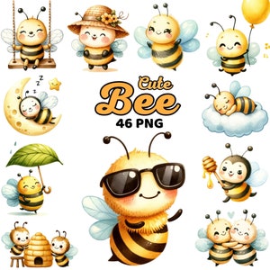 Abejas lindas San Valentín Clipart Png, Sublimación de vivero de abejas de verano en acuarela, Paquete de abejas de miel para bebés de cumpleaños, Baby Shower, Abeja de amor Png