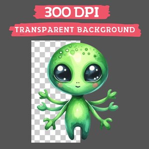 Op de afbeelding: Een groene alien met vier armen en grote ogen. De alien glimlacht en heeft een lichtgroen lichaam met donkergroene vlekken.