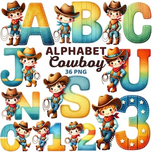 Cowboy Alphabet Clipart, Western Letters & Numbers, Rodeo Sublimation, Rustic Farm, Kids Boy Birthday Country Theme Png