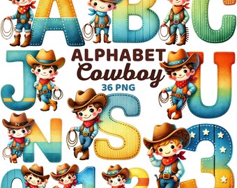 Cowboy Alphabet Clipart, Western Letters & Numbers, Rodeo Sublimation, Rustic Farm, Kids Boy Birthday Country Theme Png