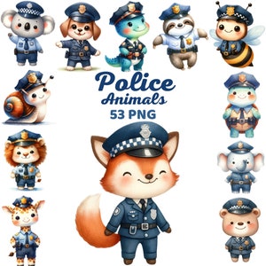 Clipart de animales de la policía, vivero de bichos de aplicación de la ley lindo acuarela, ocupación de animales, fiesta de cumpleaños de niños de animales de la selva del bosque Png
