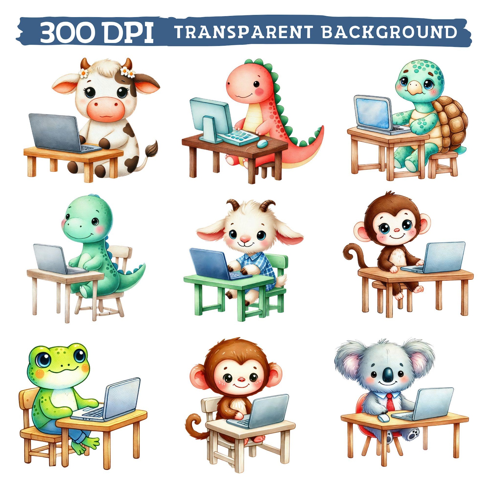 Computer Animals Clipart, Watercolor Cute Animal Working on Laptop for ...