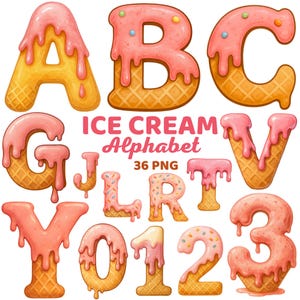 Clipart del alfabeto de helado, cono de helado con letras y números de acuarela, gofre dulce de postre para guardería, fiesta infantil de verano, cumpleaños, PNG