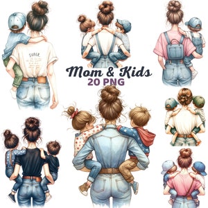 Messy Bun Mom Clipart, acuarela Mamá y Niños, Momentos de Maternidad, Mamá, Hija, Niños, Hijo, Clipart del Día de la Madre, Crianza Familiar Png imagen 1