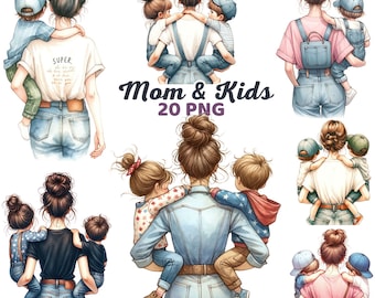 Messy Bun Mom Clipart, watercolor Mom And Kids, Motherhood Moments, Mom, Daughter, Children, Son, Mother's Day Clipart, Family Parenting Png