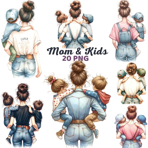 Messy Bun Mom Clipart, watercolor Mom And Kids, Motherhood Moments, Mom, Daughter, Children, Son, Mother's Day Clipart, Family Parenting Png