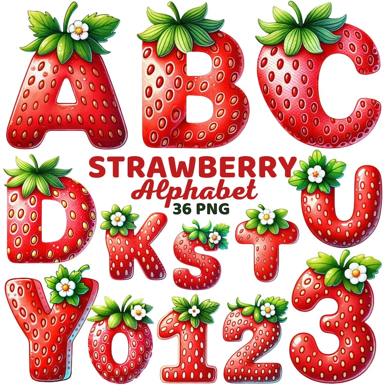 Strawberry Alphabet Clipart, Watercolor Cute Fruit Letters and Numbers ...