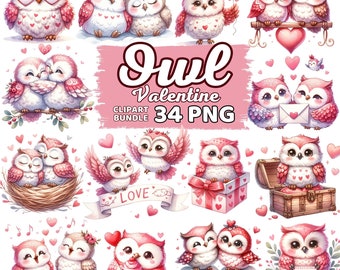 Watercolor Cute Owl Valentine Clipart, Couple Owls Valentine's Day, Owl Nursery Sublimation, Kawaii Owl Lover Romantic Collection Bundle Png