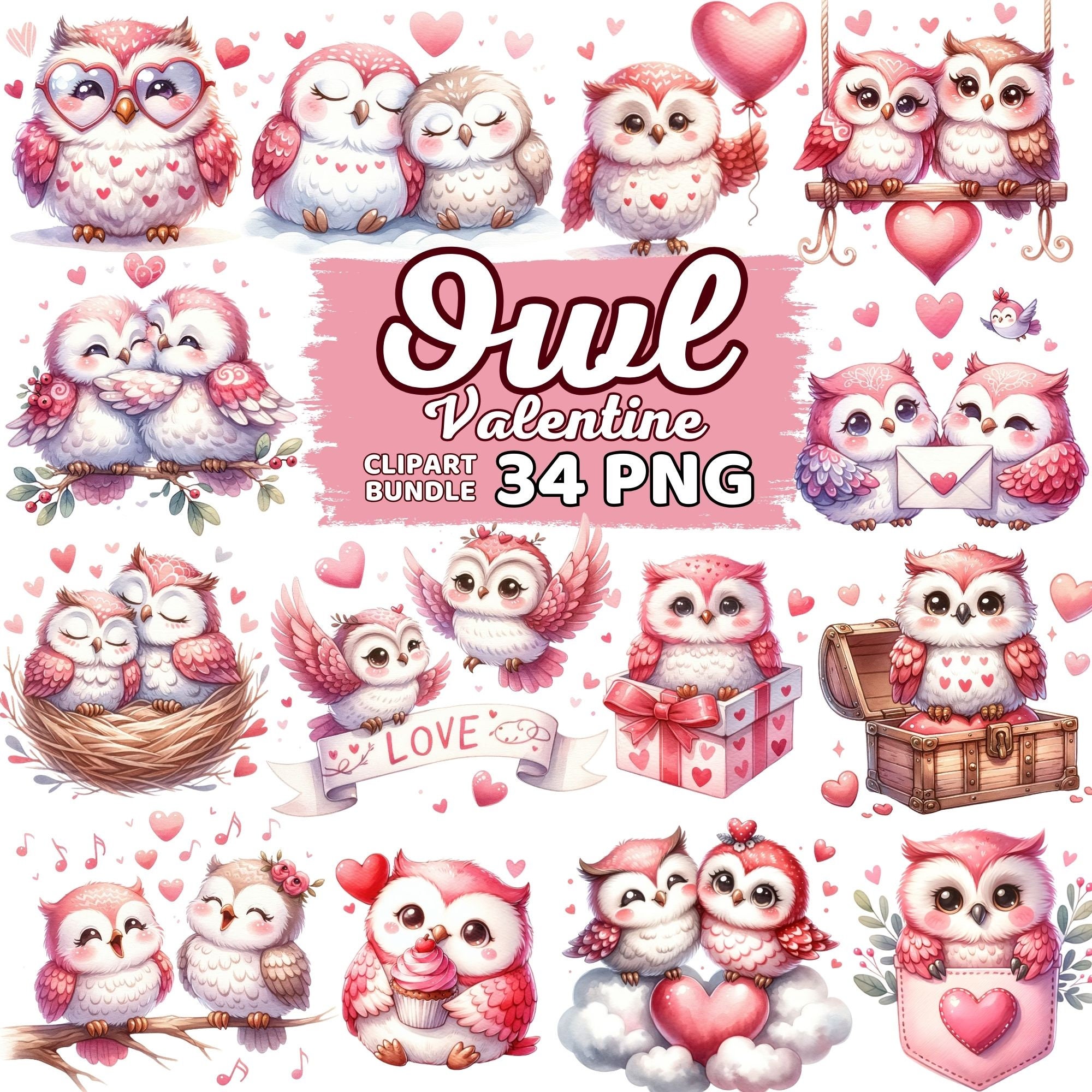 Watercolor Cute Owl Valentine Clipart, Couple Owls Valentine's Day, Owl Nursery Sublimation, Kaw