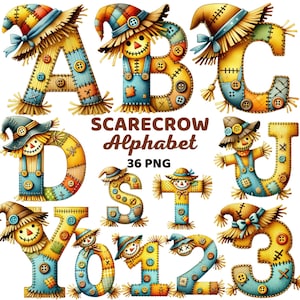 Scarecrow Alphabet Clipart, Watercolor Fall Letter Number, Rustic Patchwork Farm Sublimation, Thanksgiving Autumn Letters Halloween Kids Png