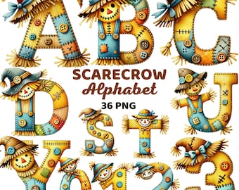 May include: A colourful illustration featuring scarecrow-themed letters and numbers. Each character is designed with a straw-like texture, patchwork details, and a smiling scarecrow face. The image includes the text "SCARECROW Alphabet 36 PNG".