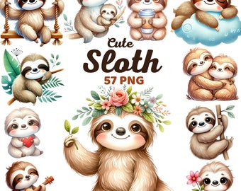 Cute Sloth Clipart, Watercolor Sloth Nursery, Spring Woodland Animal, Baby Sloth, Kids Birthday Theme Party Baby Shower Png