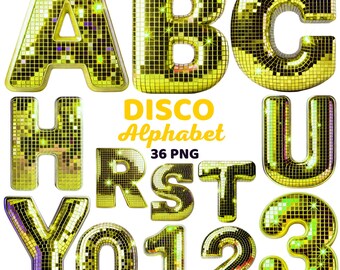 Retro Disco Alphabet Clipart, Yellow Shiny Mirror Ball Letters & Numbers, Colorful 80s 70s Party Funky Lettering Png