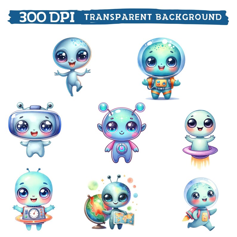 Op de afbeelding: Set van negen cartoonillustraties van schattige blauwe aliens met verschillende uitdrukkingen en accessoires. De aliens dragen ruimtehelmen, houden globes vast en vliegen in ruimteschepen.