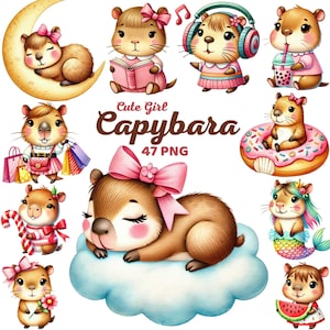 Può includere: Una collezione di simpatiche illustrazioni di capibara dei cartoni animati. I capibara sono raffigurati in varie pose, tra cui leggere, ascoltare musica e tenere borse della spesa. L'immagine include il testo "Cute Girl Capybara 47 PNG".