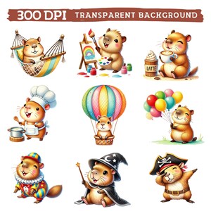 May include: Nine digital illustrations of cute hamsters in various activities. The hamsters are wearing different outfits and accessories, such as a chef's hat, a pirate hat, and a wizard's hat. They are also shown in different settings, such as a hammock, a hot air balloon, and a pirate ship.