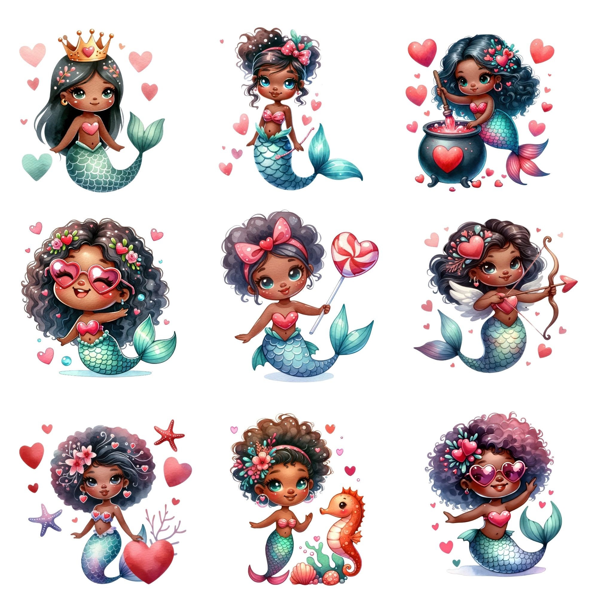 Watercolor Cute African American Mermaid Valentines Clipart Png ...