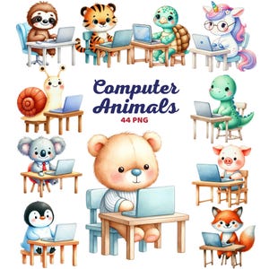 May include: A watercolour illustration featuring a collection of animals, including a sloth, tiger, and turtle, each using a laptop. The image also includes text that reads "Computer Animals 44 PNG."