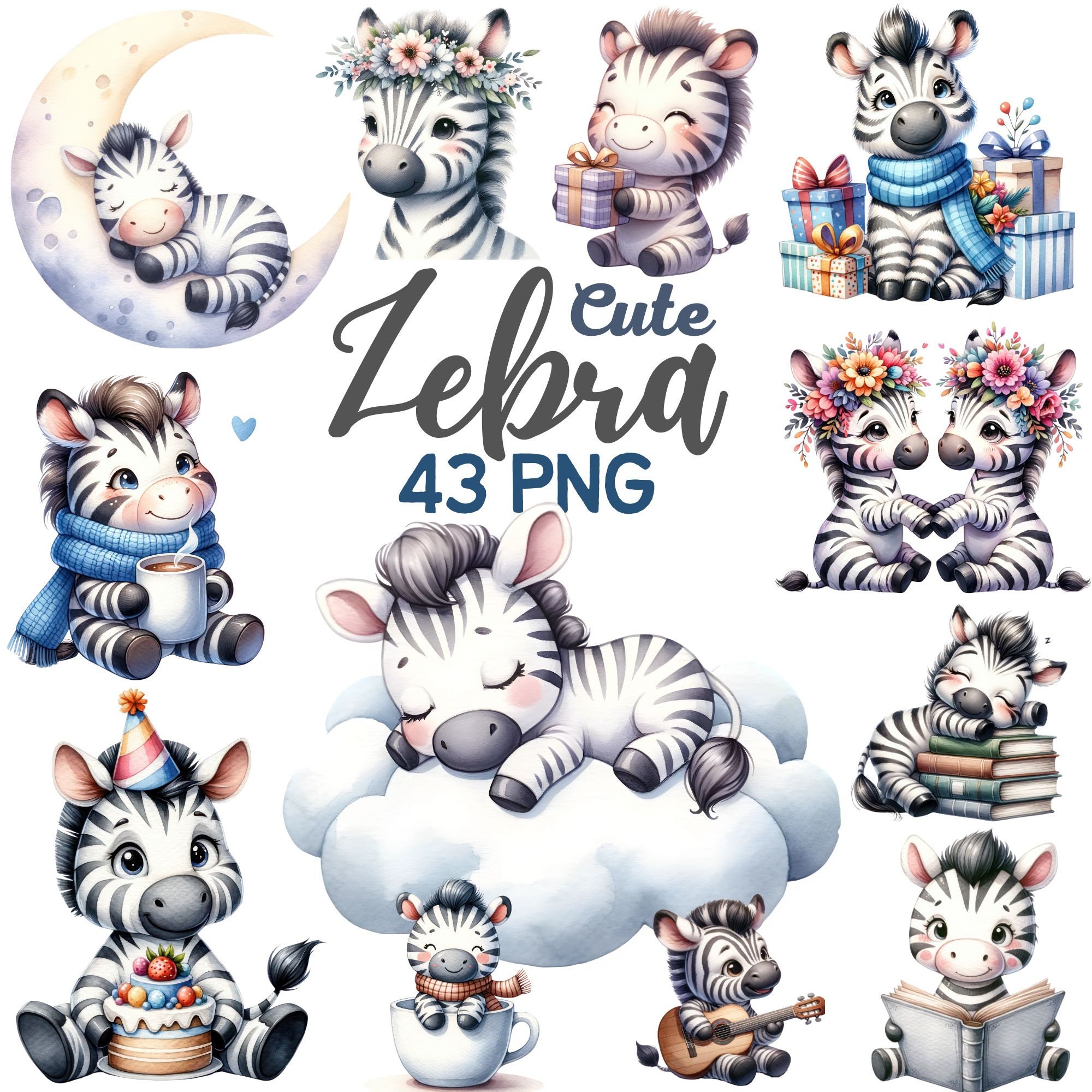 Watercolor Cute Zebra Clipart, Zebra Sleeping on Cloud Moon Nursery, Kawaii Zebra Lover Birthday Safari Jungle Animal Baby Shower Png