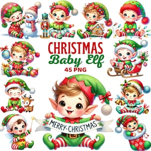 Op de afbeelding: Een set van 45 digitale afbeeldingen met schattige baby-elfen uit cartoons in verschillende kerstposes. De elfen dragen groene en rode outfits met witte accenten en hebben grote, expressieve ogen. Sommige elfen houden kerstcadeaus vast, andere houden snoepstokken vast en sommige rijden zelfs op een slee. De afbeeldingen zijn perfect voor het maken van kerstkaarten, uitnodigingen of andere feestelijke knutselwerken.